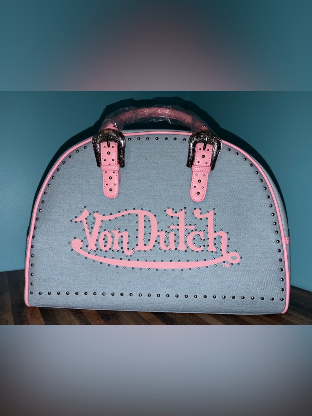 Unreleased! Von Dutch Pink & Light Denim Duffle Bag- Large Bowling Bag NWOT